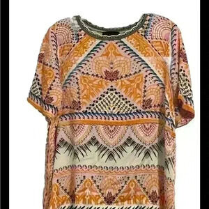Hale Bob Top boho blouse Short Sleeves Orange Blue Size Large